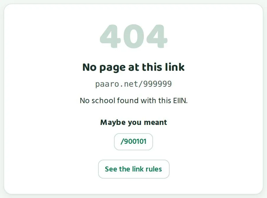 The wrong-link screen: "No page at this link", a suggestion of a close correct link, and "See the link rules".