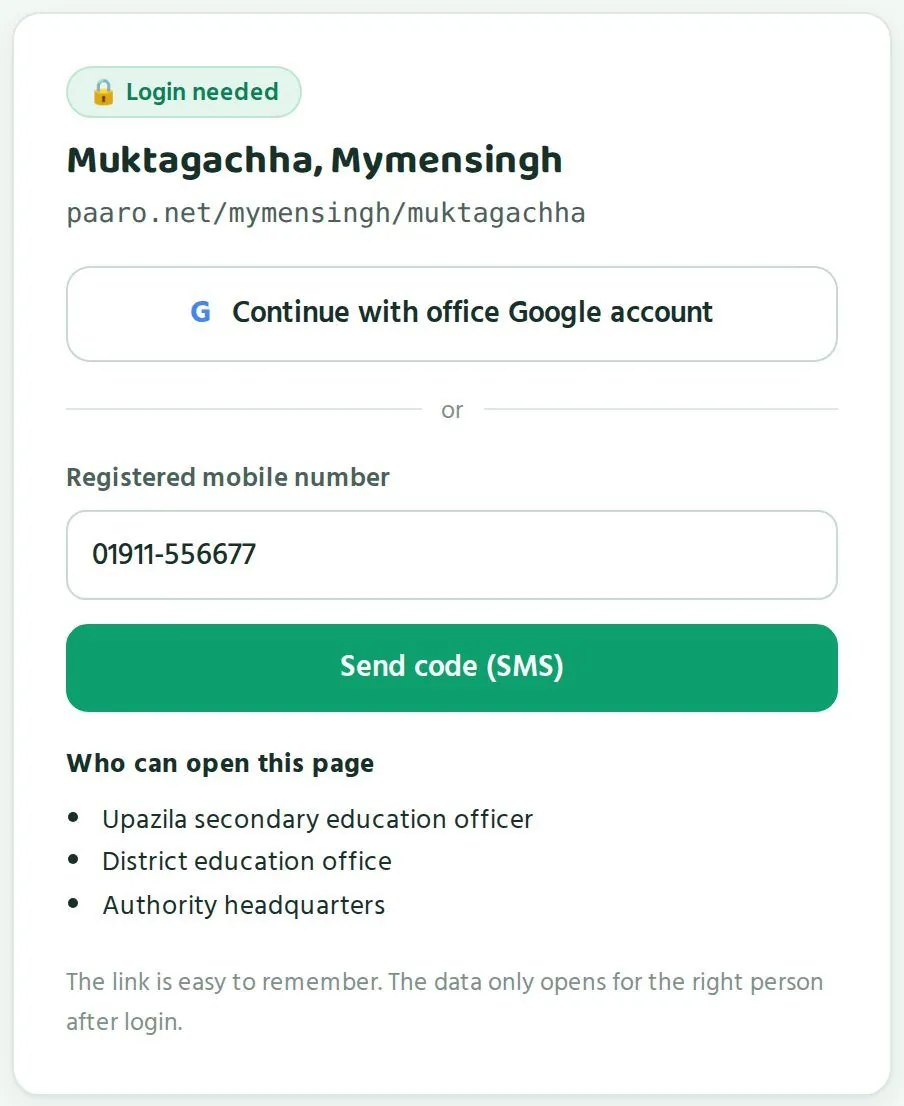 The login screen for an upazila office link. The bottom part lists who can open this page.