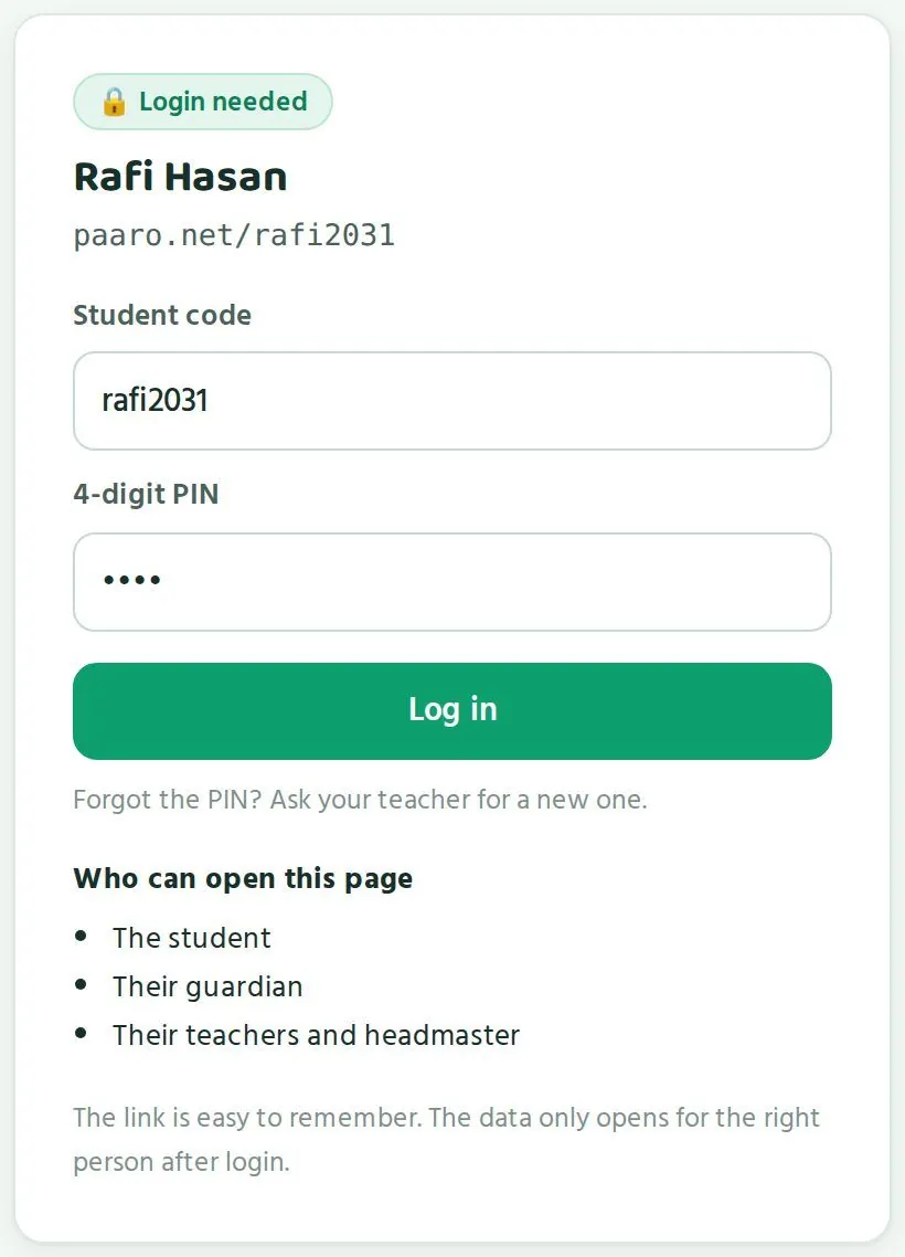 Rafi's login screen. It says to ask the teacher if the PIN is forgotten.