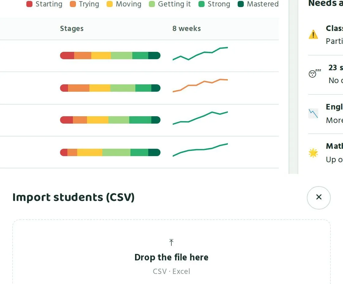 The "Import students (CSV)" window. Put the file where it says "Drop the file here". CSV and Excel both work.