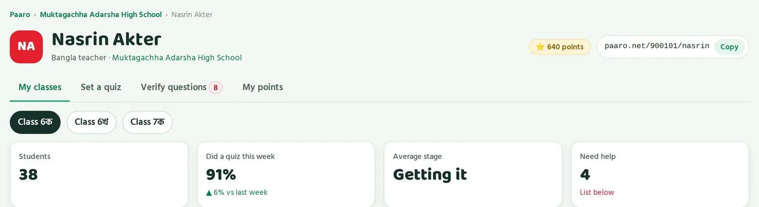 The top of the teacher page: four tabs, class buttons and four numbers.